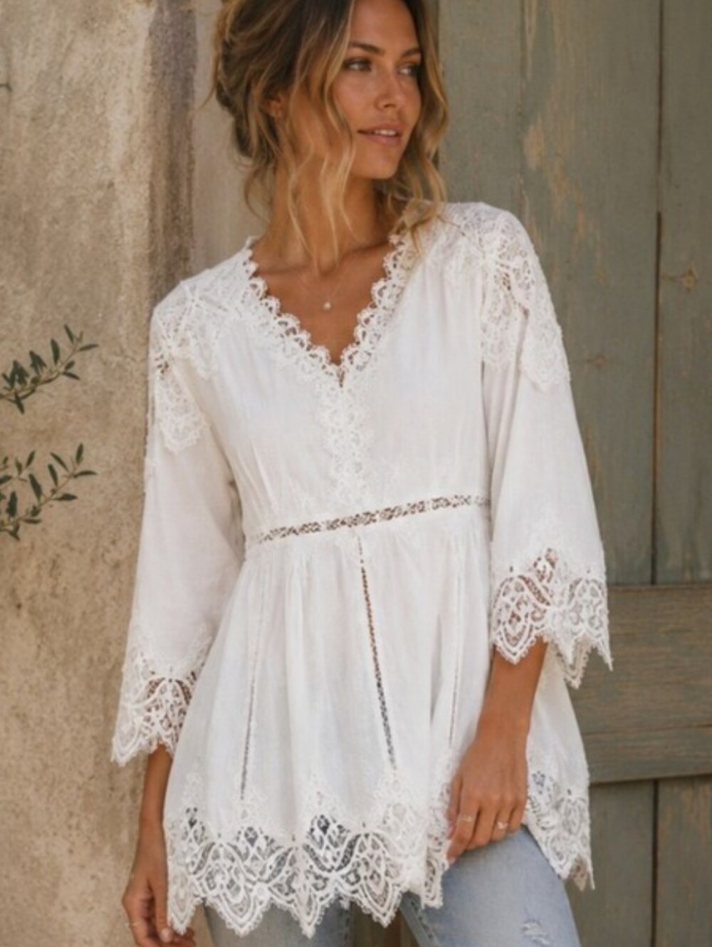 Beautiful White Lace Boho Cottagecore Tunic Blouse Large EUC